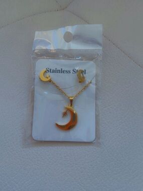 Golden Crescent Moon Necklace and Earring Set